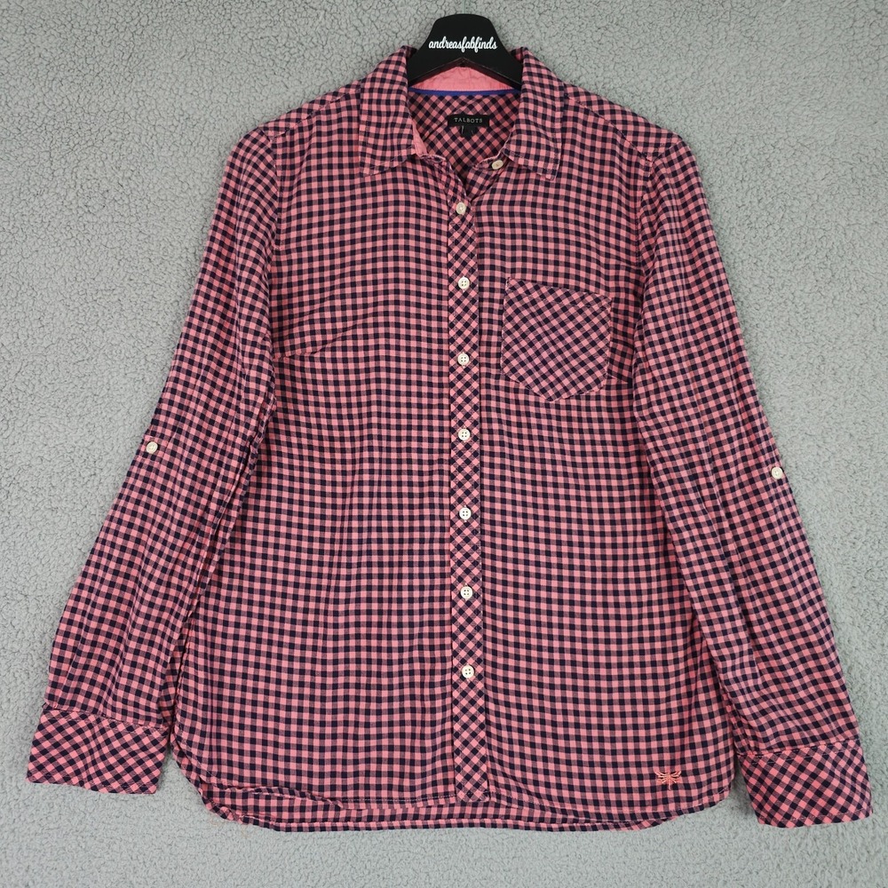 Talbots Shirt Womens Small Pink Black Gingham‎ Button Up Roll Tab Long Sleeve